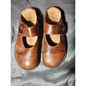 Womens Finn‎ Comfort Slide Leather Sandal Brown Hook Loop Low Wedge 40/9-9.5